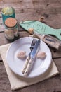 Nautical table setting on aged wooden background. Royalty Free Stock Photo