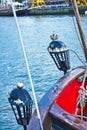 Nautical tackles and equipment of the old tall ship. Rigging ropes and rope ladder on the mast of sailing vessel Royalty Free Stock Photo