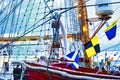 Nautical tackles and equipment of the old tall ship. Rigging ropes and rope ladder on the mast of sailing vessel Royalty Free Stock Photo