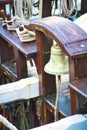 Nautical Tackles And Equipment Of The Old Tall Ship. Rigging Ropes And Rope Ladder On The Mast Of Sailing Vessel
