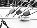 Nautical tackles and equipment of the old tall ship. Rigging ropes and rope ladder on the mast of sailing vessel