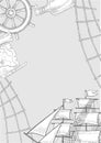 A nautical theme frame. Black and white graphics, hand-drawn vector illustrations. A ship, a rudder, and a map on a gray Royalty Free Stock Photo
