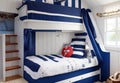 A nautical-themed bedroom with navy blue accents, ship-inspired decor,