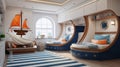 A nautical-themed children\'s bedroom with boat-shaped beds