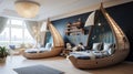 A nautical-themed children\'s bedroom with boat-shaped beds