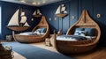 A nautical-themed children\'s bedroom with boat-shaped beds