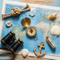 A brass compass, black binoculars, knotted rope, seashells, and a wooden Royalty Free Stock Photo