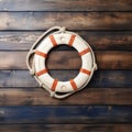 Nautical themed welcome Lifebuoy on textured wood background for custom text