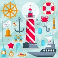 Nautical vector design elements with sailor and boats, helms and lighthouses for sailors day.Lifebuoy, anchor, gull