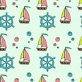 Nautical Vector Pattern With Ships. Bright Cartoon Illustration For Children`s Greeting Card Design, Fabric And Wallpaper