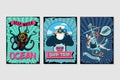 Nautical vintage posters set. Retro style cartoon illustrations. Water sport and sea resort backgrounds with grunge
