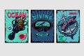 Nautical vintage posters set. Retro style cartoon illustrations. Water sport and sea resort backgrounds with grunge