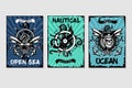 Nautical vintage posters set. Retro style cartoon illustrations. Water sport and sea resort backgrounds with grunge