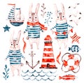 Nautical Watercolor baby rabbit sailor, animal cartoon nursery seaman set. Cute childish character collection