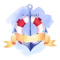 Nautical watercolor card with ship anchor, lifebuoy and ribbon on blue spot marine background