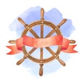 Nautical watercolor illustration with a ship steering wheel and red ribbon on blue spot background