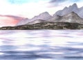 Watercolor landscape. Adriatic seascape with sunset sky mountain silhouettes reflection. Hand drawn