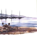 Watercolor landscape Seascape with mountains, harbour, sailboats, beach buoy Hand drawn illustration Royalty Free Stock Photo