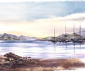 Watercolor landscape Seascape sunset with mountains, harbour, beach, stones Hand drawn illustration Royalty Free Stock Photo