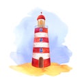 Nautical watercolor marine card with lighthouse, sand coast and sky isolated on white background Royalty Free Stock Photo