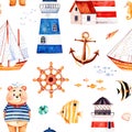 Multicolored background with cute sailor bear,anchor,lighthouses,coral fishes,sailboat