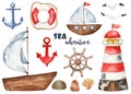 Nautical watercolor set with lighthouse, ship, anchor, helm, lifebuoy Royalty Free Stock Photo