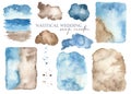 Nautical watercolor set with seascape and watercolor stains Royalty Free Stock Photo