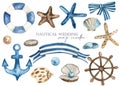 Nautical watercolor set with steering wheel, anchor, nautical ribbon, lifebuoy, starfish, shell, pearl Royalty Free Stock Photo