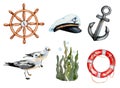 Nautical watercolor set: steering wheel, captain\'s cap, anchor, seagulls, algae, lifebuoy Royalty Free Stock Photo