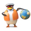 Nautical yachtsman penguin in sailor hat and lifejacket holds a globe of the Earth, 3d illustration Royalty Free Stock Photo