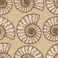 Nautilus cephalopods seamless pattern beige color. Sketch scratch board imitation.