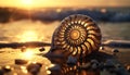Nautilus Shel on beach with golden sunset background Royalty Free Stock Photo