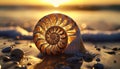 Nautilus Shel on beach with golden sunset background Royalty Free Stock Photo