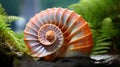 Nautilus shell on the seabed. Green seaweed all around. AI generated Royalty Free Stock Photo