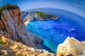 Navagio Bay Zakynthos. Shipwreck beach view from above. Fisheye