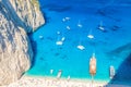 Navagio beach with boats on Zakynthos island, Greece