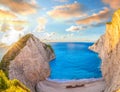 Navagio beach with shipwreck against colorful sunset on Zakynthos island in Greece Royalty Free Stock Photo