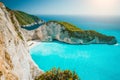 Navagio beach or Shipwreck bay panoramic. Turquoise sea water and white beach between huge cliffs. Famous landmark Royalty Free Stock Photo