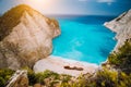 Navagio beach or Shipwreck bay with turquoise water and pebble white beach. Famous landmark location. overhead landscape Royalty Free Stock Photo