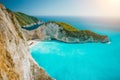 Navagio beach or Shipwreck bay with turquoise water and pebble white beach. Famous landmark location. overhead landscape