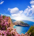 Navagio beach with shipwreck and flowers against blue sky on Zakynthos island, Greece