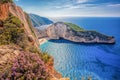 Navagio beach with shipwreck and flowers against sunset on Zakynthos island in Greece