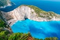 Navagio beach from top at Zakynthos island, Greece. Stranded shipwreck in unique beautiful blue bay surrounded by