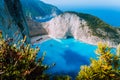 Navagio beach at Zakynthos island, Greece. Stranded panagiotis freightliner ship in beautiful blue lagoon