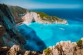 Navagio beach, Zakynthos island, Greece. Tourist boats visiting Shipwreck bay with azure water and paradise white sand Royalty Free Stock Photo