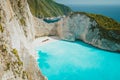 Navagio beach Zakynthos. Shipwreck bay with turquoise water and white sand beach. Famous marvel landmark location in