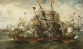A naval battle scene between the Spanish fleet and Turks