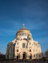 Naval cathedral of Saint Nicholas in Kronstadt, view from the main entrance, the temple is illuminated by the setting sun Royalty Free Stock Photo