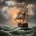 A naval frigate, a sailing ship, on a stormy sea under dark clouds