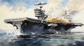 Naval Might: Dynamic Painting of a Majestic American Aircraft Carrier